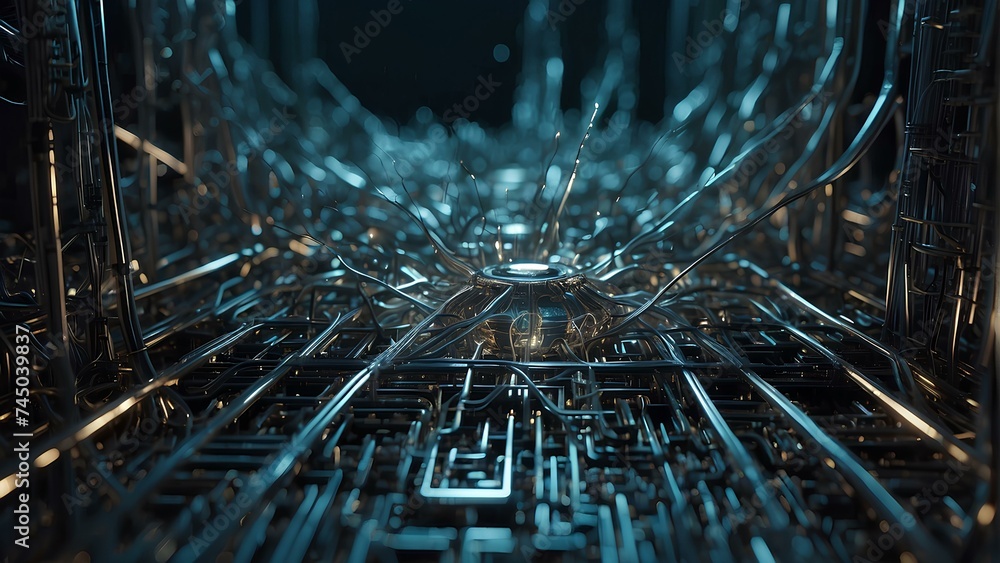 Closeup macro image of Futueistic Computer Sphere in Industrial Setting. 
Ai Generated Otherworldly SI-FI art - obrazy, fototapety, plakaty 