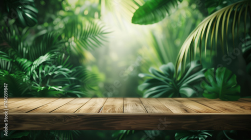 Wooden Table Top with Lush Tropical Foliage Background.