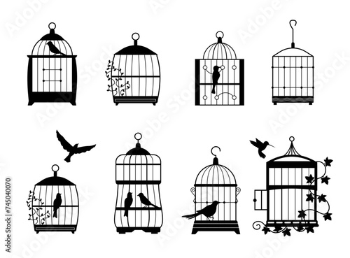 Black wall decals with flying birds in cages collection