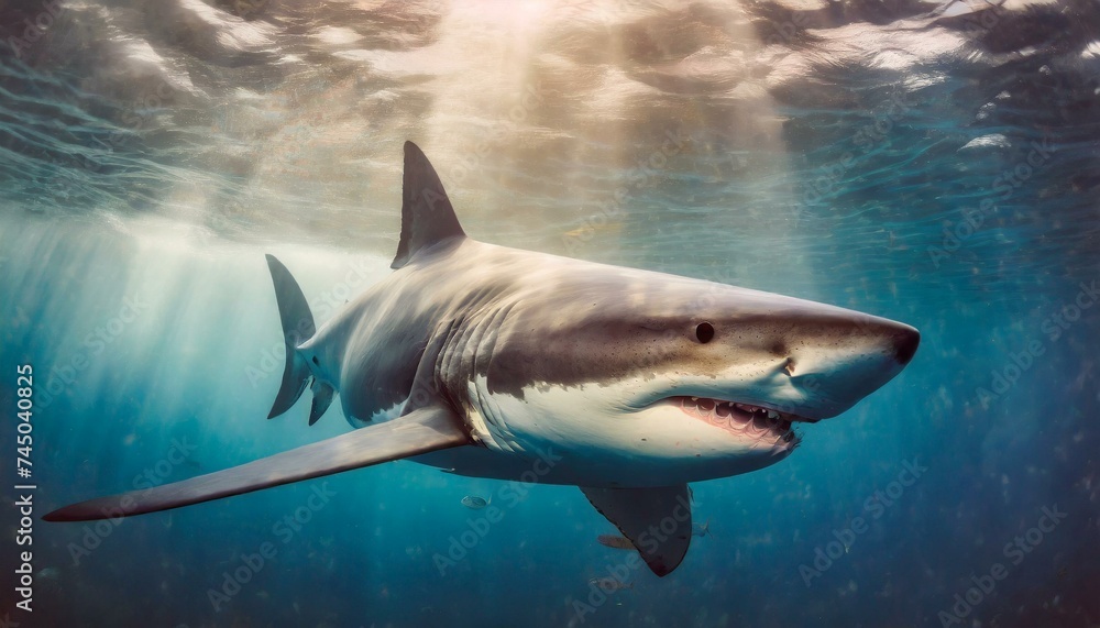 Big great white shark swimming in the ocean as apex predator