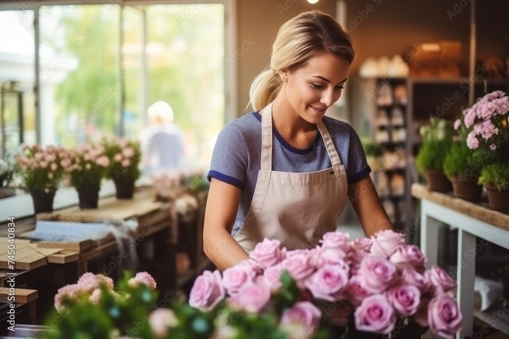 Beautiful woman florist arranging exquisite bouquet of roses in charming flower shop setting