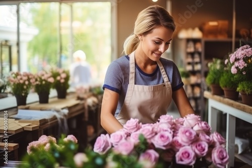 Beautiful woman florist arranging exquisite bouquet of roses in charming flower shop setting photo