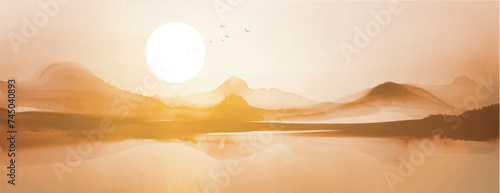 A tranquil scene with a large sun setting over a reflective lake and silhouettes of mountians.Traditional oriental ink painting sumi-e, u-sin, go-hua in gold tones.
