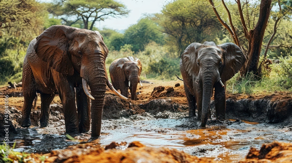 playful scene of elephants joyfully wallowing in a mud pool, capturing the essence of their natural behavior and camaraderie