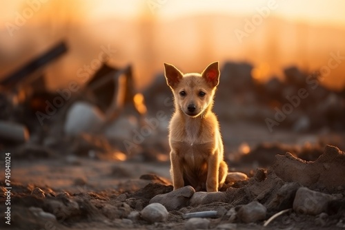Stray yard dog sits in a landfill in the rays of the setting sun