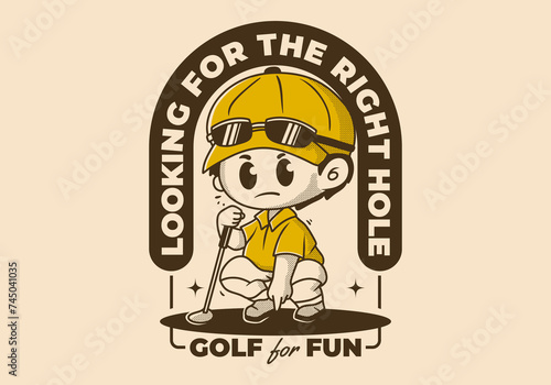 Looking for the right hole. Character illustration of a guy holding a golf stick