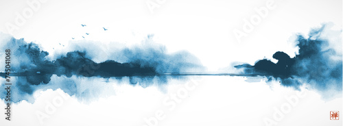 Ink wash painting of a misty landscape with trees, birds, and lake in blue tones. Traditional oriental ink painting sumi-e, u-sin, go-hua. Translation of hieroglyph - zen