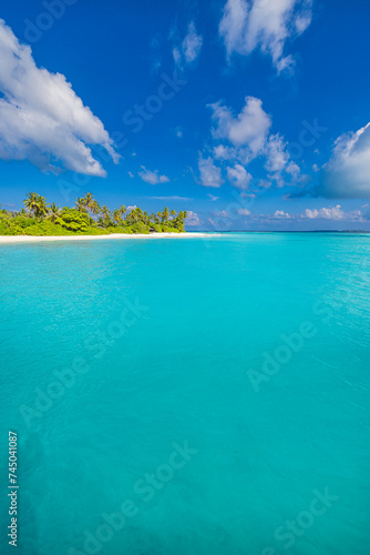 Beautiful, relaxing outdoor landscape of tropical island beach. Palm trees over blue azure ocean lagoon. Exotic traveling destination, summer vacation, beach seaside. Colorful nature sea sand sky view © icemanphotos