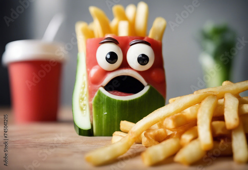 Funny food face with a chop French fries and cucumber