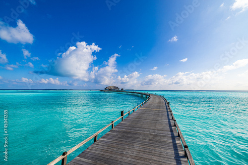 Amazing sea bay relax sky exotic coastal landscape Maldives beach. Tropical azure blue seascape, luxury water villa resort wooden pathway jetty. Stunning travel destination summer vacation tourism © icemanphotos