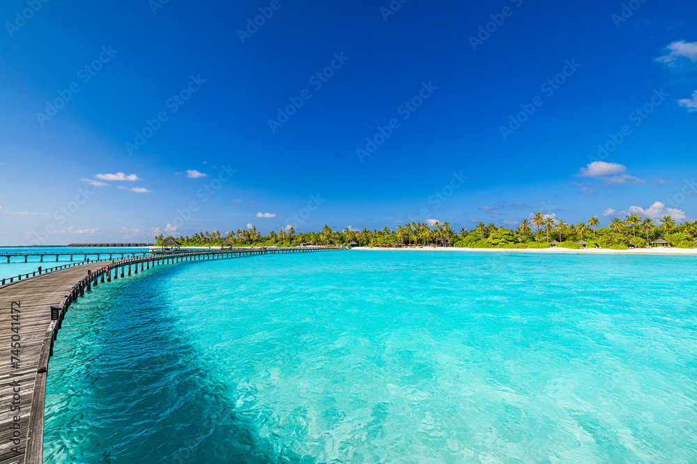Amazing sea bay relax sky exotic coastal landscape Maldives beach. Tropical azure blue seascape, luxury water villa resort wooden pathway jetty. Stunning travel destination summer vacation tourism Amazing sea bay relax sky exotic coastal landscape Maldives beach. Tropical azure blue seascape, luxury water villa resort wooden pathway jetty. Stunning travel destination summer vacation tourism