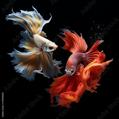 Two fighting fish are swimming. There is a black background. © Aditeap
