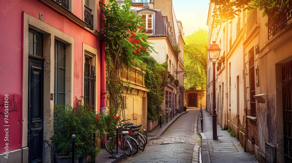 Quaint Parisian neighborhood with stunning Parisian architecture and iconic landmarks.