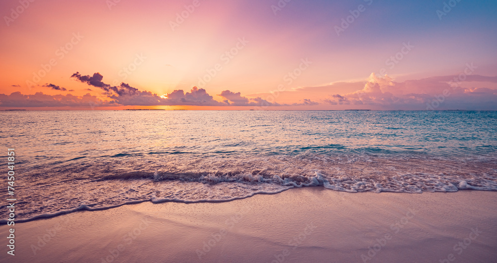 Summer nature sea sand sky, sunrise colors clouds, horizon, tranquil background banner. Inspirational nature landscape, beautiful colors, wonderful scenery tropical beach. Beach sunset vacation coast - obrazy, fototapety, plakaty 