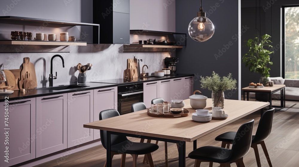 A stylish kitchen with whispering lilac cabinets and ebony black countertops A stylish kitchen with whispering lilac cabinets and ebony black countertops