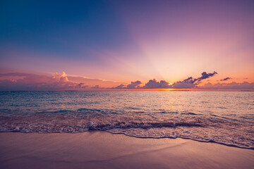 Summer nature sea sand sky, sunrise colors clouds, horizon, tranquil background banner. Inspirational nature landscape, beautiful colors, wonderful scenery tropical beach. Beach sunset vacation coast