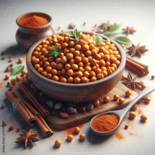 Photo-realistic  image of a bowl of Chana Masala on white background 