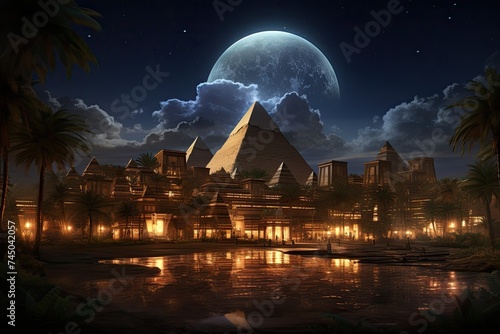A digital twin simulation of Ancient Egypt where pharaohs and pyramids are recreated with stunning accuracy in a virtual environment showcasing the blend of ancient history and modern technology
