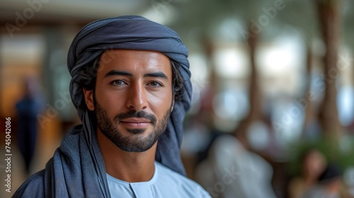A UAE national in traditional attire in a corporate setting, suitable for Middle Eastern business idea, observing the foreground with coworkers in the backdrop.