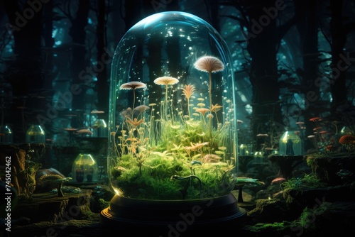 A visionary depiction of biotechnology advancements with bioengineered plants glowing in the dark a harmonious blend of nature and cutting edge science