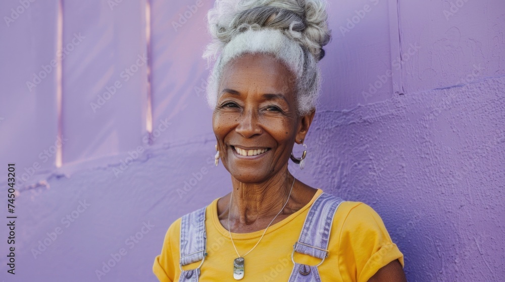 Smiling elderly woman with white hair wearing yellow top and denim overalls leaning against purple wall.