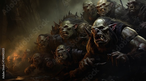 Orcs and goblins armed to the teeth gather under the banner of their dark lord readying for a siege on the lands of men their snarls echoing through the night photo