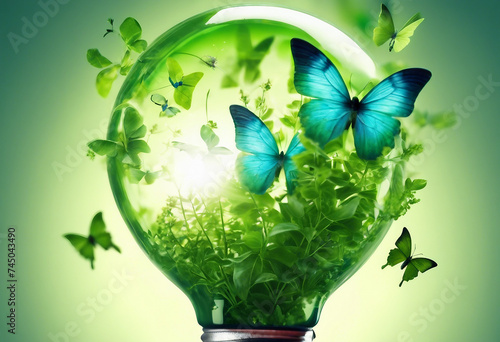 Green energy banner concept Light bulb made from green plants with blue butterflies as symbol of pur photo