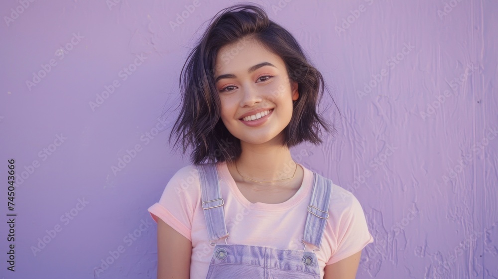 Young woman with a radiant smile wearing a pink t-shirt and denim overalls against a vibrant purple wall. Young woman with a radiant smile wearing a pink t-shirt and denim overalls against a vibrant purple wall.
