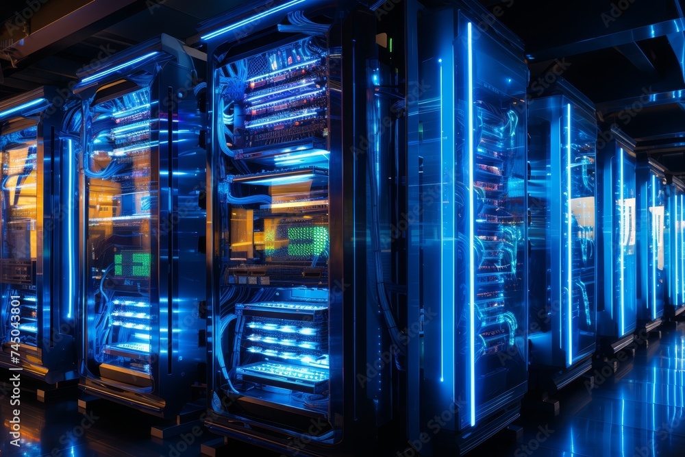 Modern data center with rows of servers for cloud computing, ai, supercomputer, cybersecurity Modern data center with rows of servers for cloud computing, ai, supercomputer, cybersecurity