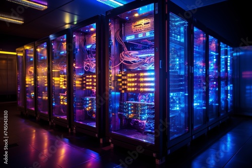 Modern data center with multiple rows of server racks in a busy server room setting