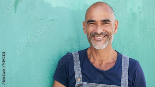 Smiling man with gray beard and bald head wearing blue overalls against green wall.