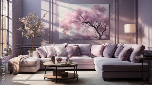 A tranquil living room with whispering violet walls and shadowed violet accent furniture