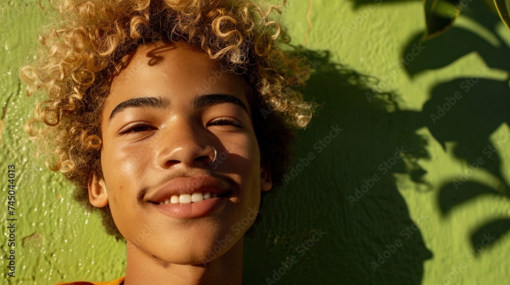 Young person with curly hair smiling and looking up with a green wall and shadows in the background. Young person with curly hair smiling and looking up with a green wall and shadows in the background.