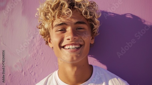 A young man with curly blonde hair smiling broadly against a purple wall. © iuricazac
