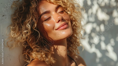 A woman with curly hair closed eyes and a serene expression basking in the warm glow of sunlight.