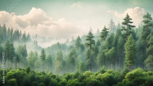 photo of a beautiful misty green tree forest view in the morning made by AI generative