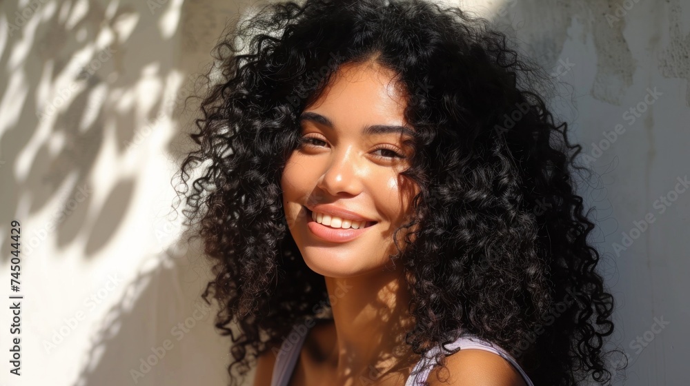 A young woman with radiant skin and curly hair smiling at the camera standing in front of a textured wall with sunlight casting shadows.