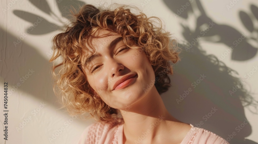 A young woman with curly hair smiling gently with sunlight casting a shadow of leaves on her face and shoulders creating a serene and natural backdrop. A young woman with curly hair smiling gently with sunlight casting a shadow of leaves on her face and shoulders creating a serene and natural backdrop.
