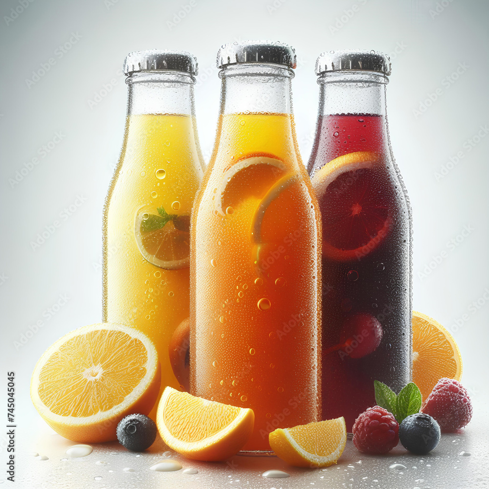 Three cold fruit juice bottles with large drops of condensation on them on white background Three cold fruit juice bottles with large drops of condensation on them on white background