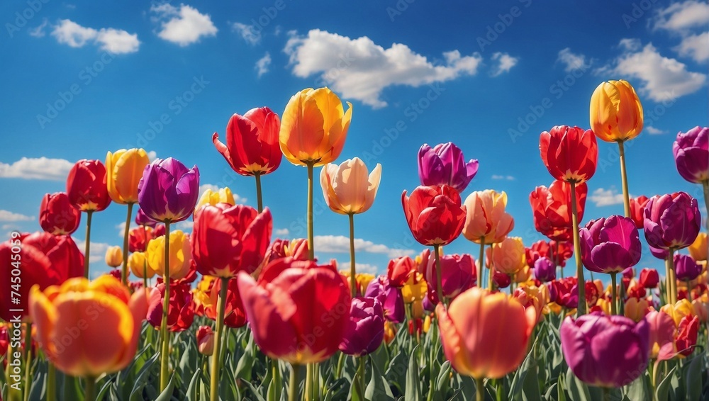 Fototapeta premium photo of a beautiful view of a garden of colorful tulips during the day made by AI generative