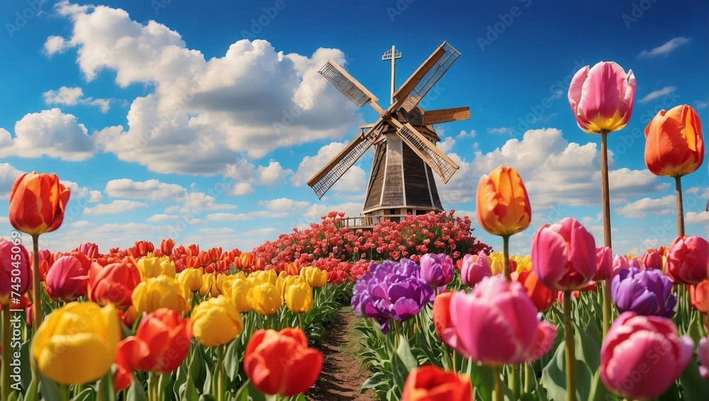 photo of the windmill in the middle of a beautiful tulip garden made by AI generative