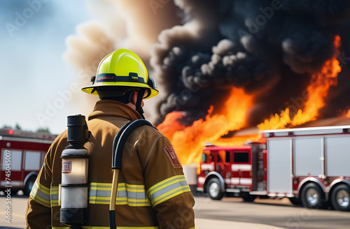 a fireman is standing in front of a large fire