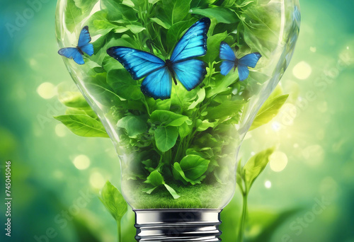 Green energy banner concept Light bulb made from green plants with blue butterflies as symbol of pur photo
