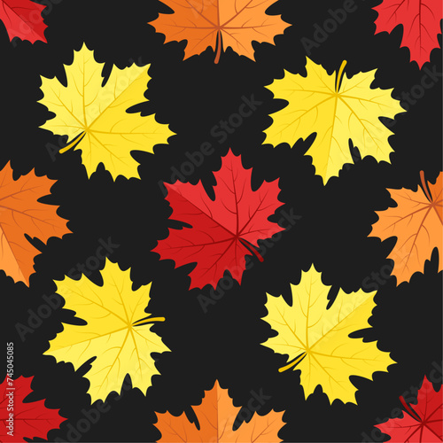 Autumn fall vector seamless pattern. Red  yellow and orange maple leaves on black background. Best for textile  wallpapers  wrapping paper  package and web design.