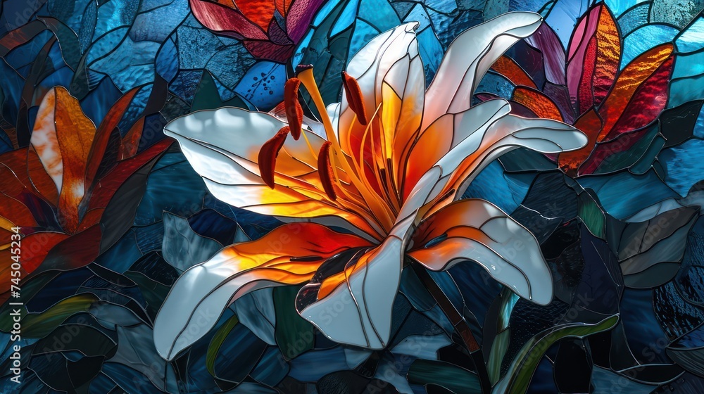 radiant stained glass art portrayal of a lily, utilizing bold and contrasting colors to emphasize the regal and majestic qualities of this iconic bloom