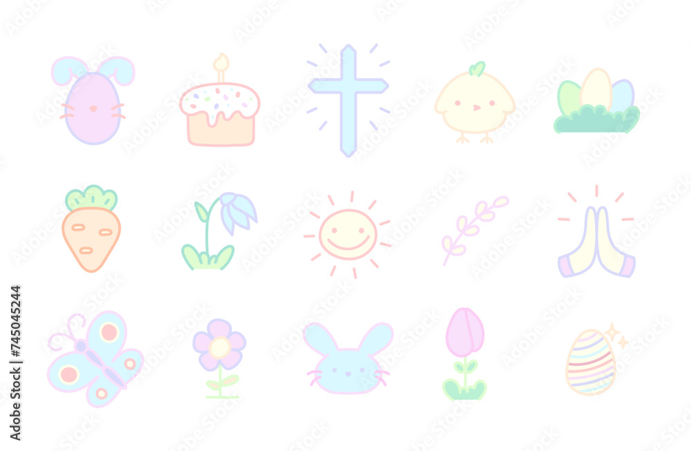 Easter icon set. Easter egg, Carrot, Rabbit, Gift, Easter Ornaments, Chick, Flowers. Perfect for holiday decoration and spring greeting cards