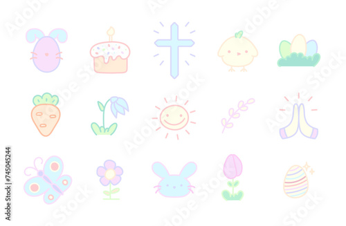 Easter icon set. Easter egg, Carrot, Rabbit, Gift, Easter Ornaments, Chick, Flowers. Perfect for holiday decoration and spring greeting cards
