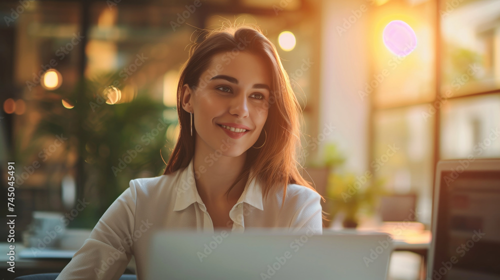 Thinking about how to take the business to technological heights. Cropped shot of an attractive young businesswoman working in her office, generative ai Thinking about how to take the business to technological heights. Cropped shot of an attractive young businesswoman working in her office, generative ai