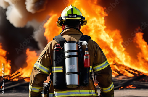 Firefighter in helmet facing large flames at fire department © Aleksey