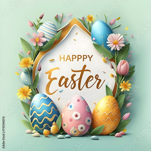 Happy Easter background with decorative eggs and flowers
